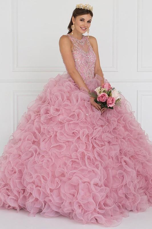 Organza Illusion Sweeetheart Ball Gown Dress with Cut-Out Back.