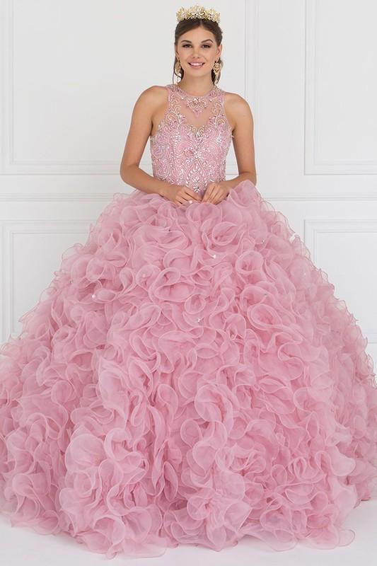 Organza Illusion Sweeetheart Ball Gown Dress with Cut-Out Back.