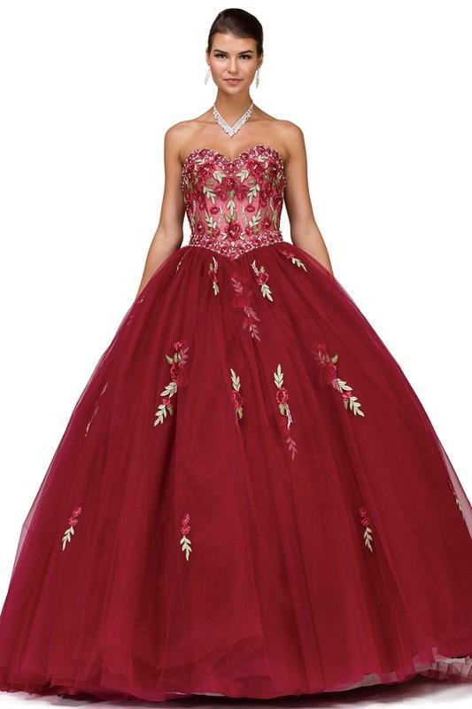 New ball gown with floral print design, corset back, strapless sweetheart neckline. Comes with a bolero jacket.