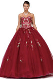 New ball gown with floral print design, corset back, strapless sweetheart neckline. Comes with a bolero jacket.