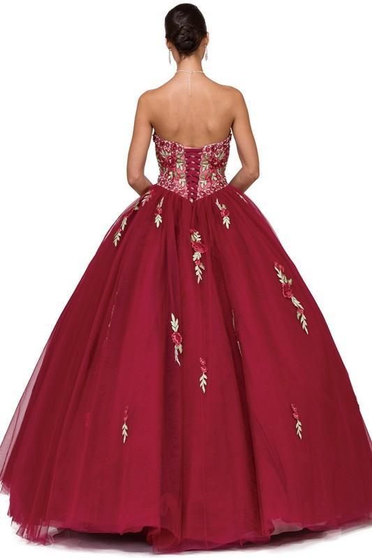 New ball gown with floral print design, corset back, strapless sweetheart neckline. Comes with a bolero jacket.