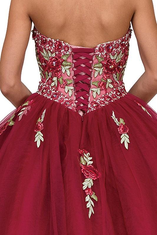 New ball gown with floral print design, corset back, strapless sweetheart neckline. Comes with a bolero jacket.