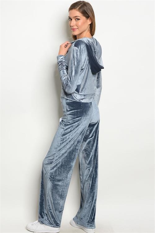 DUSTY BLUE VELVET TOP & PANTS SET